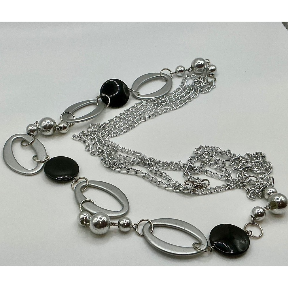Chunky 28" lightweight Oval Link Layered Chain Necklace Silver Black‎ Beads